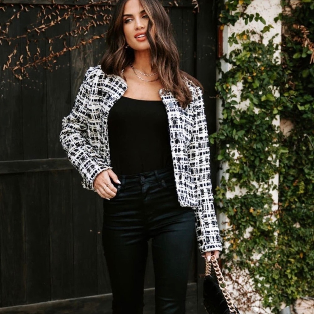 NWOT Vici White Gold Black Emme Tweed Pocketed Blazer Jacket Sz Medium - Picture 4 of 16